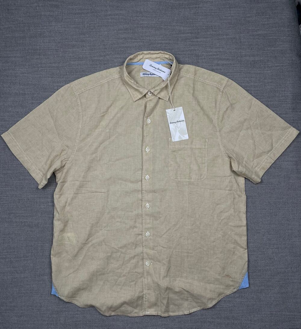 Tommy Bahama Sand Desert Shirt Mens Large Khaki Beige Linen Blend